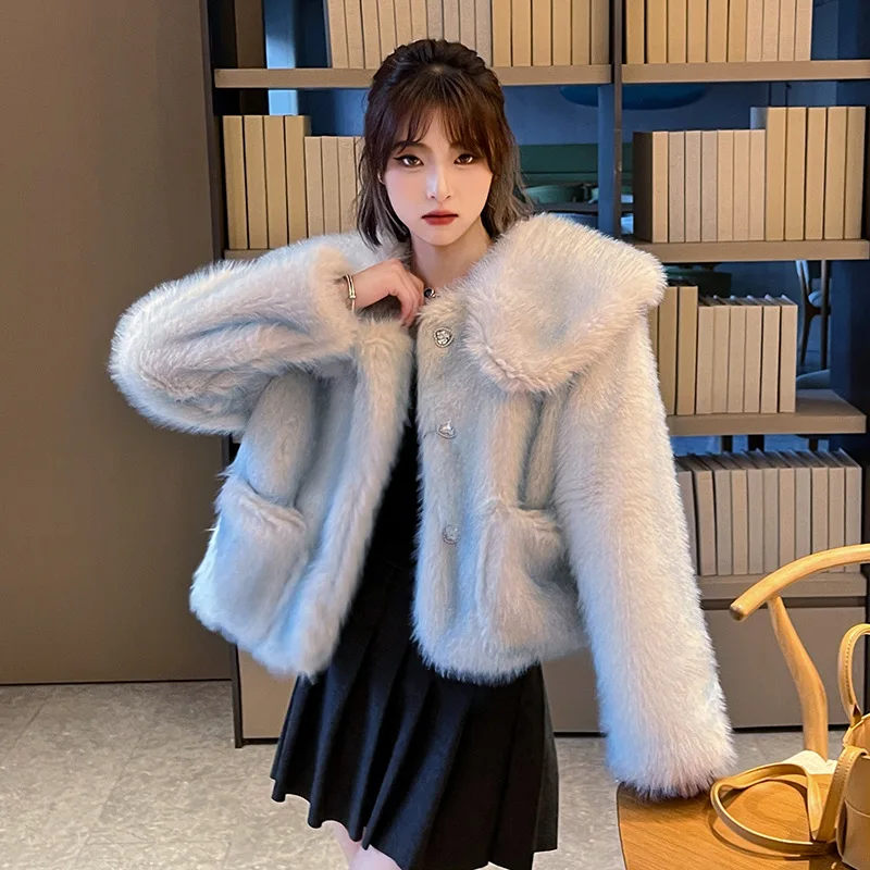 Sweet Doll Collar Gradual Change Blue Imitation Fur Coat Winter Fur Warm Foreign Gas Fox Fur Coat Female