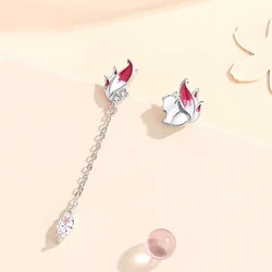 Little Fox Earrings Sweet Unique Female Silver 925 Jewelry Asymmetric Personality Tassel Earrings Forest style Earrings KOFSAC