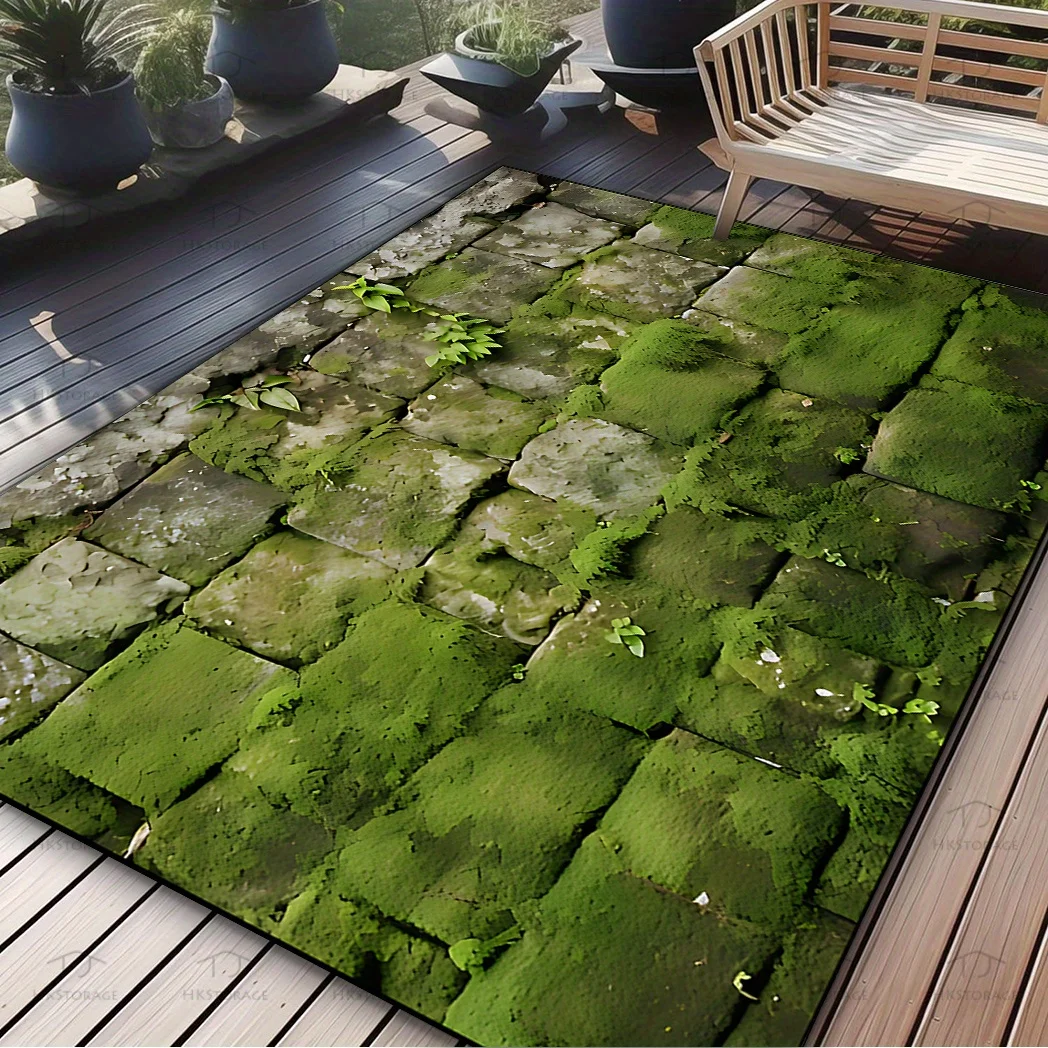VIKAMA 3D Moss Stone Path Cracked Pavement Green Art Flannel Door Mat Non Slip Entryway Bedroom Living Room Home Decor Artistic
