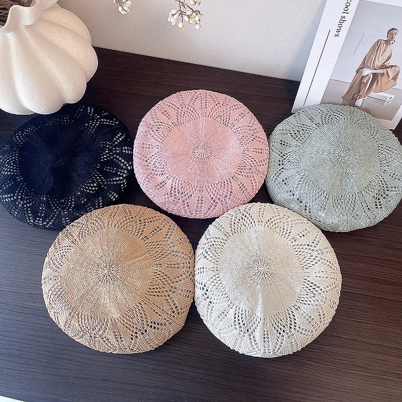 

Elegant Versatile Temperament Beret Female Summer Hollow Breathable Literary Painter Hat Vacation Sunscreen Sun Stewardess Hat