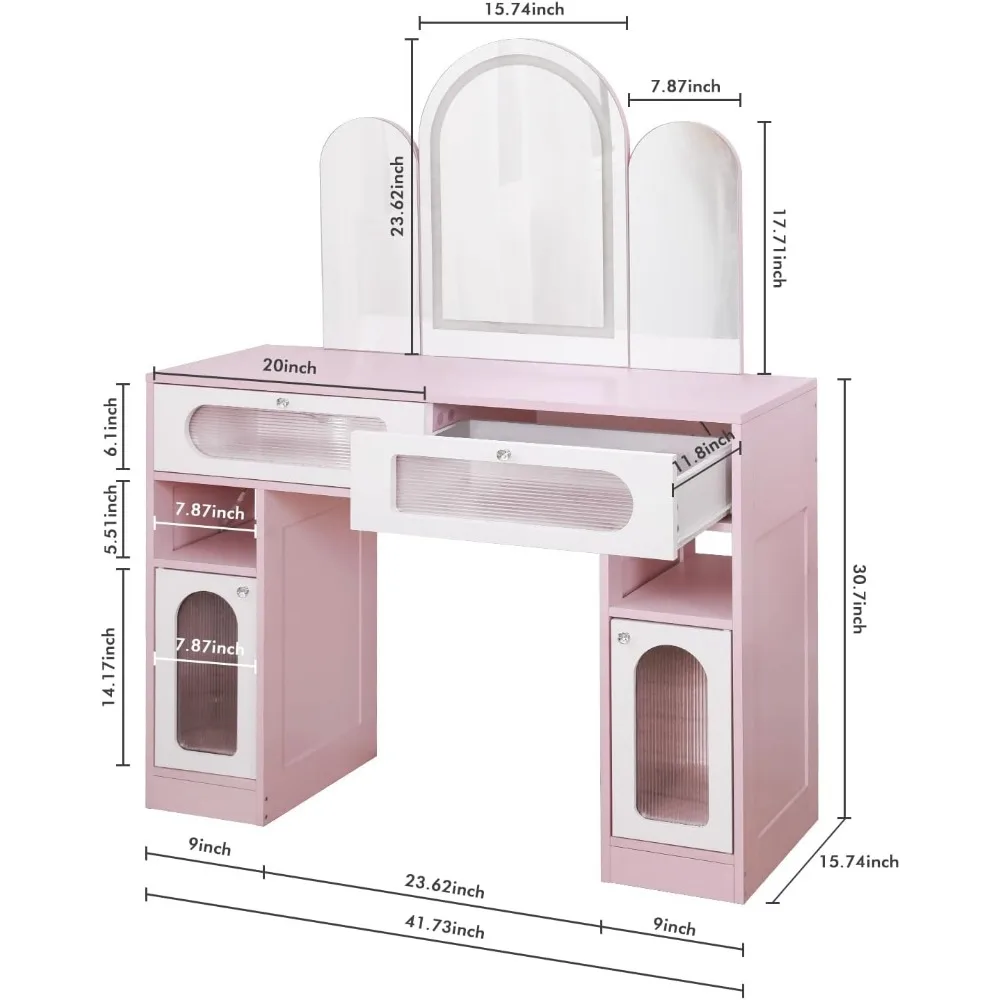 RGB Vanity Desk with Tri-fold Mirror 2 Drawers Vanity Table Gifts for Girls/Women Dressing Table