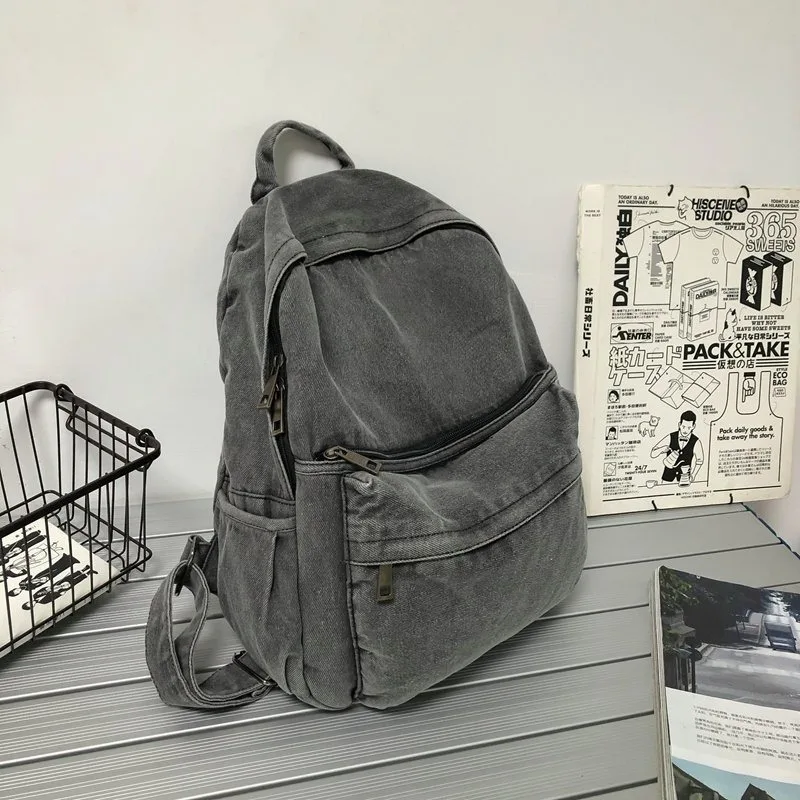 Vintage Simple Fashion Blue Gray Denim School Travel Backpacks for Women College Students Large Capacity Schoolbag Shoulder Bags