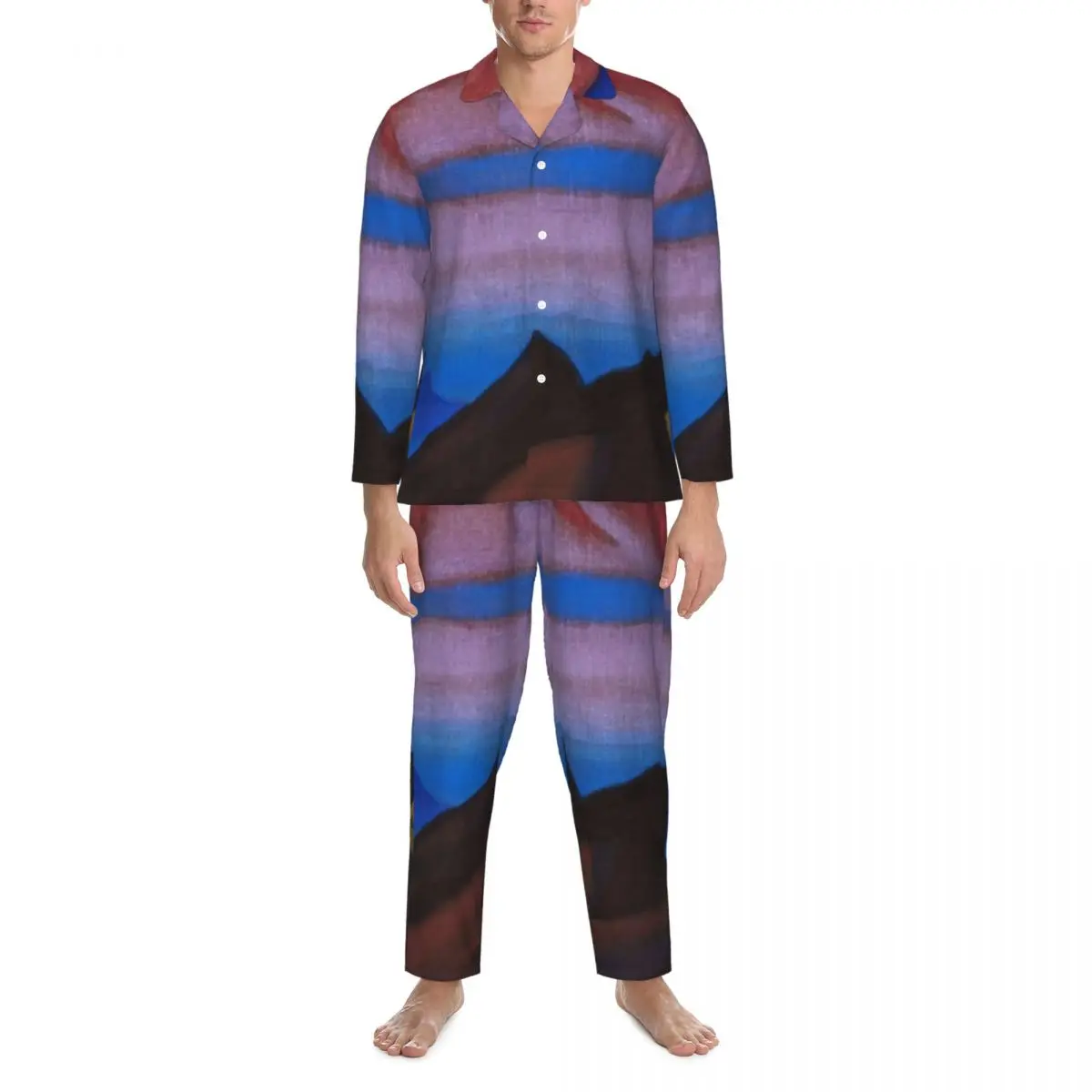 Conjuntos de pijama com estampa de montanha primavera nicholas roerich moda lazer pijamas homem duas peças vintage oversize pijamas ideia de presente