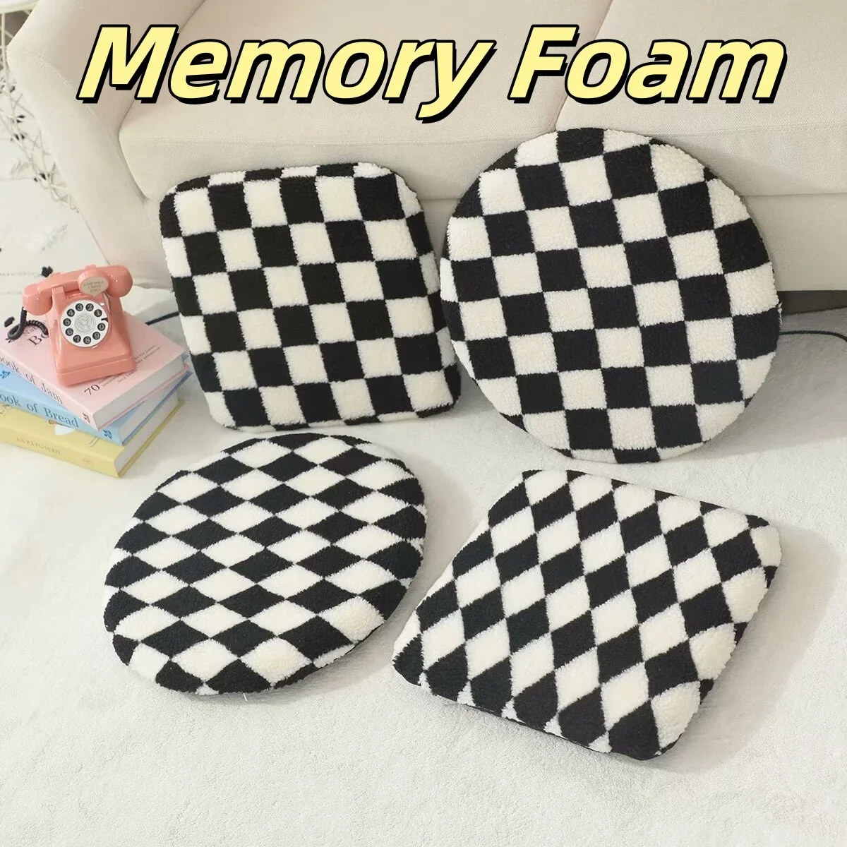 Memory Foam Black and White Grid Seat Cushion Nordic Style Sitting Cushion Comfortable Back Cushion Chair Floor Washable Winter