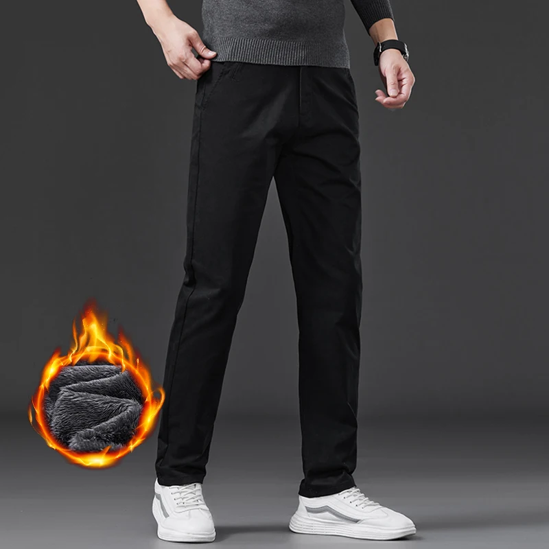 الصوف الرجال السراويل المستقيمة شتاء جديد دافئ الأعمال عادية بلون السراويل الكلاسيكية أفخم سميكة المخملية الذكور السراويل