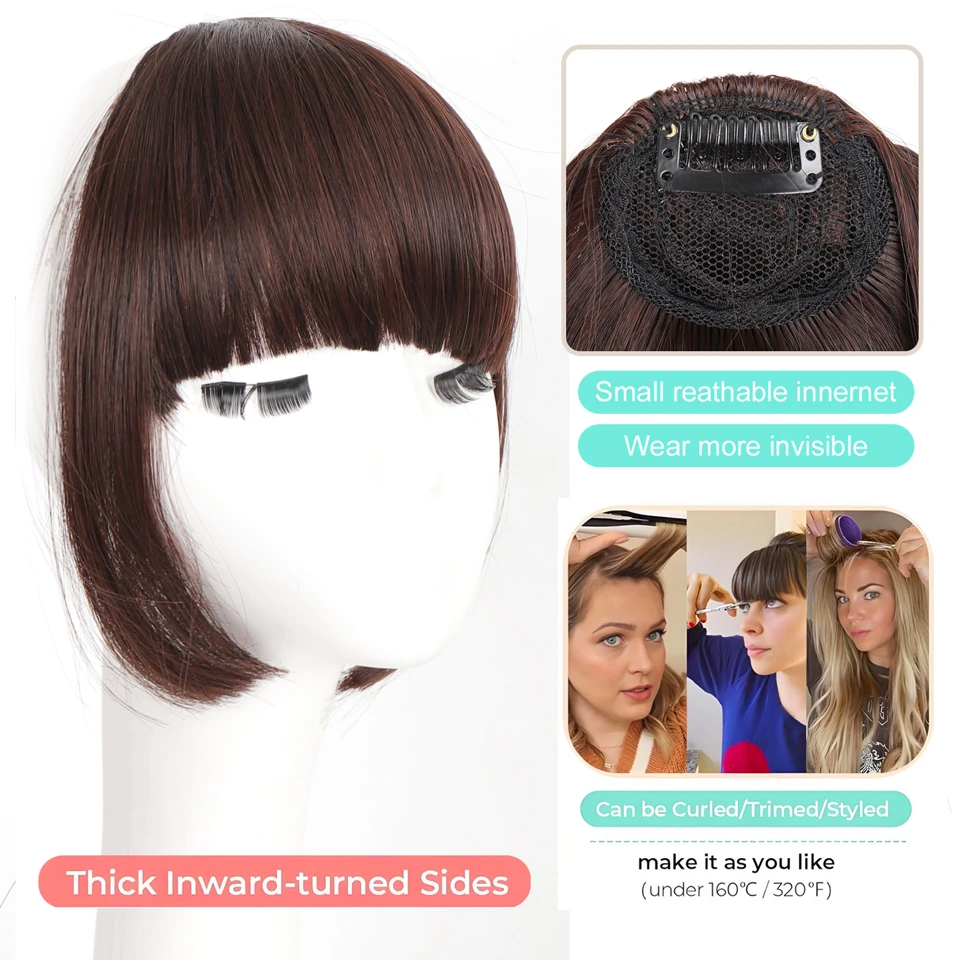 Flequillo sintético con clip, flequillo grueso para mujer, resistente al calor 6