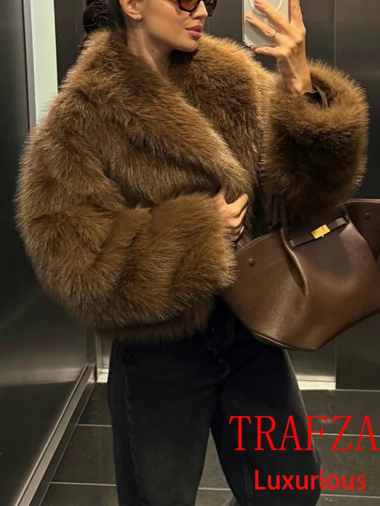 TRAFZA Vintage Faux Fur Women Jackets Solid Turn-down Collar Long Sleeve Warm Coat Chic Fashion 2025 Winter Autumn Outwear