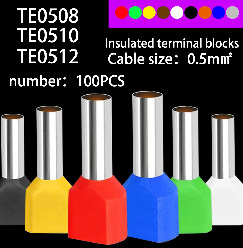 100PCS TE0508 TE0510 TE0512 ouble pipe 0.5MM² cold pressed end double line tube shaped insulated tubular terminal