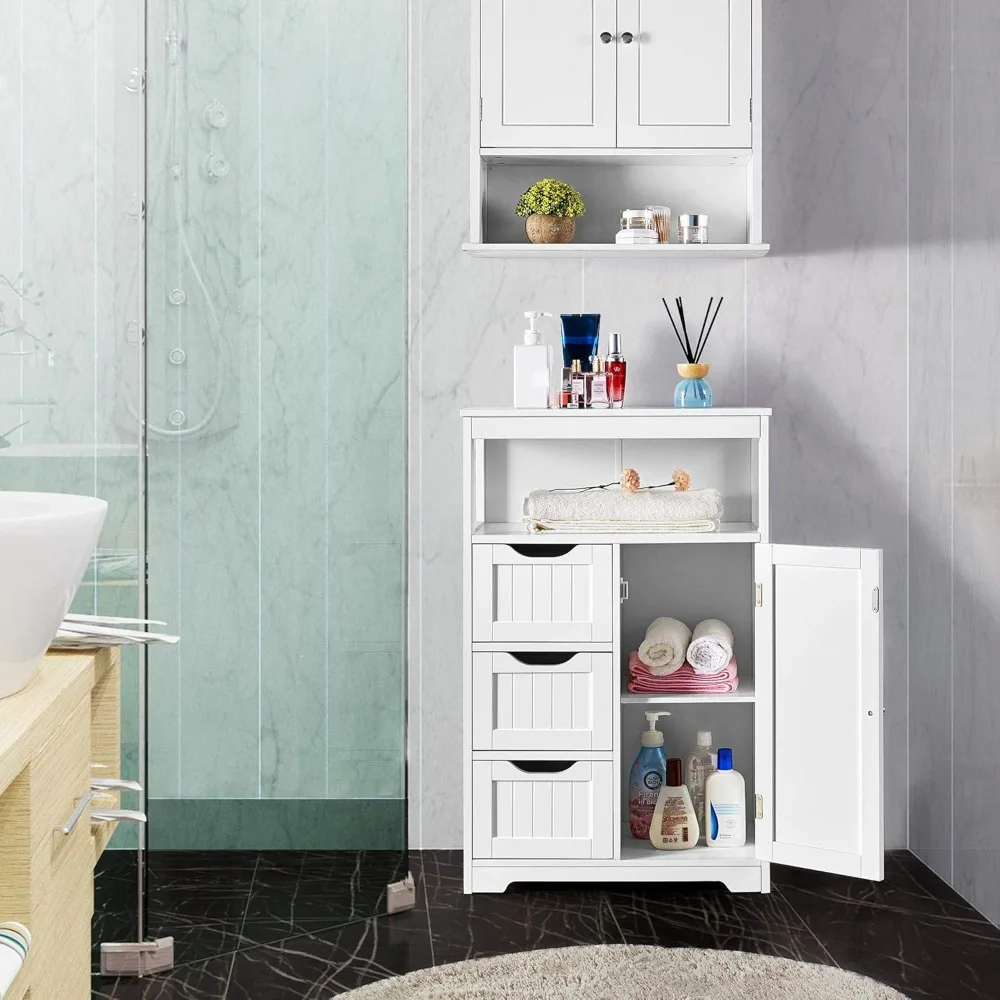 Bathroom Floor Cabinet Wooden Storage Organizer with 1 Door and 3 Drawers, Free-Standing Cupboard