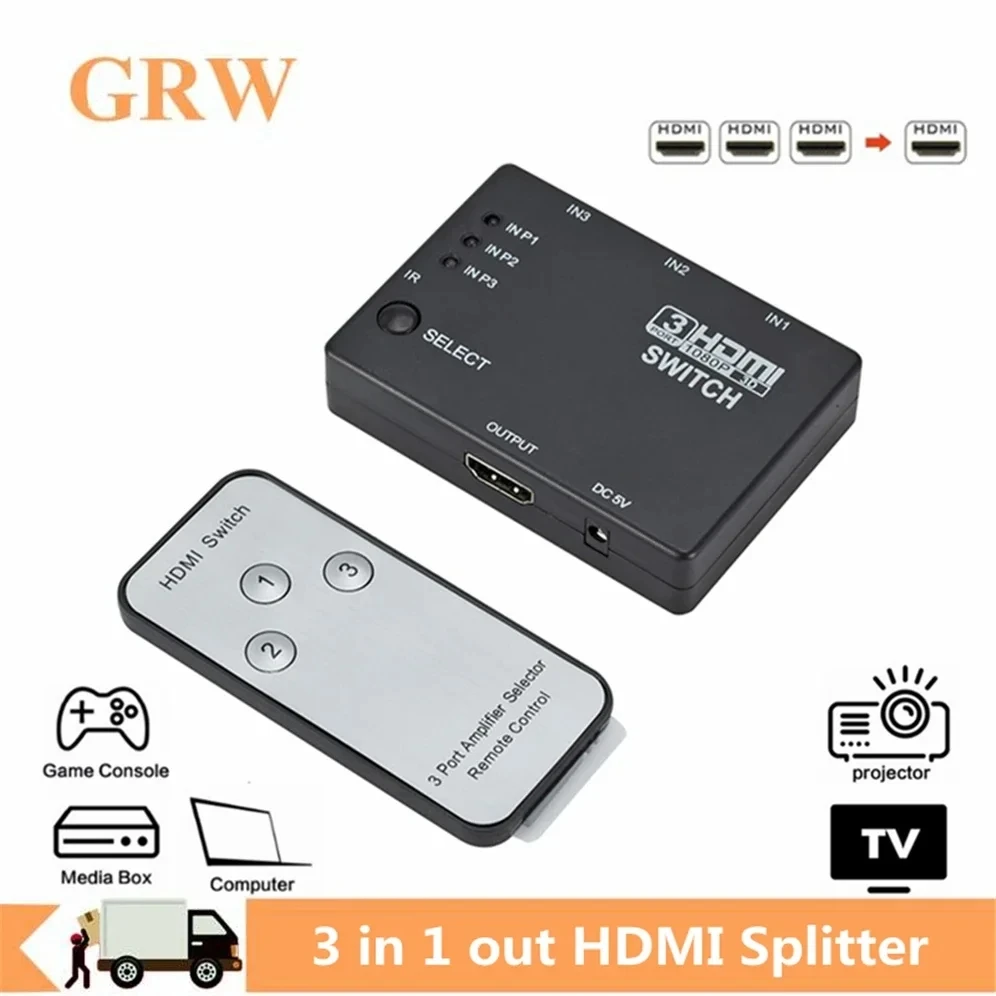 Przełącznik HDMI 3 wejścia 1 wyjście 3-portowy rozdzielacz HDMI Hub przełącznik 1080p HD 1.4 z pilotem do projektora DVD PS3/4 HDTV XBOX360