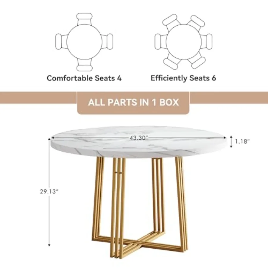 Round Dining Table for 4, 43.3-Inch Faux Marble Kitchen Table, Modern Circle Dinner Table with Metal Base for Dining Room, Kitc