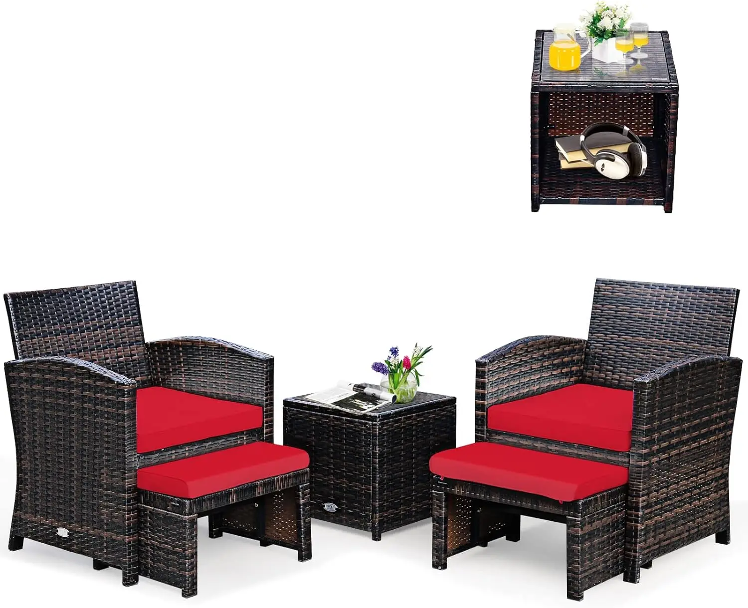 

5 Pieces Patio Rattan Furniture Set, Outdoor Conversation Set with Cushioned Chair & Ottoman & Tempered Glass Coffee Table, All