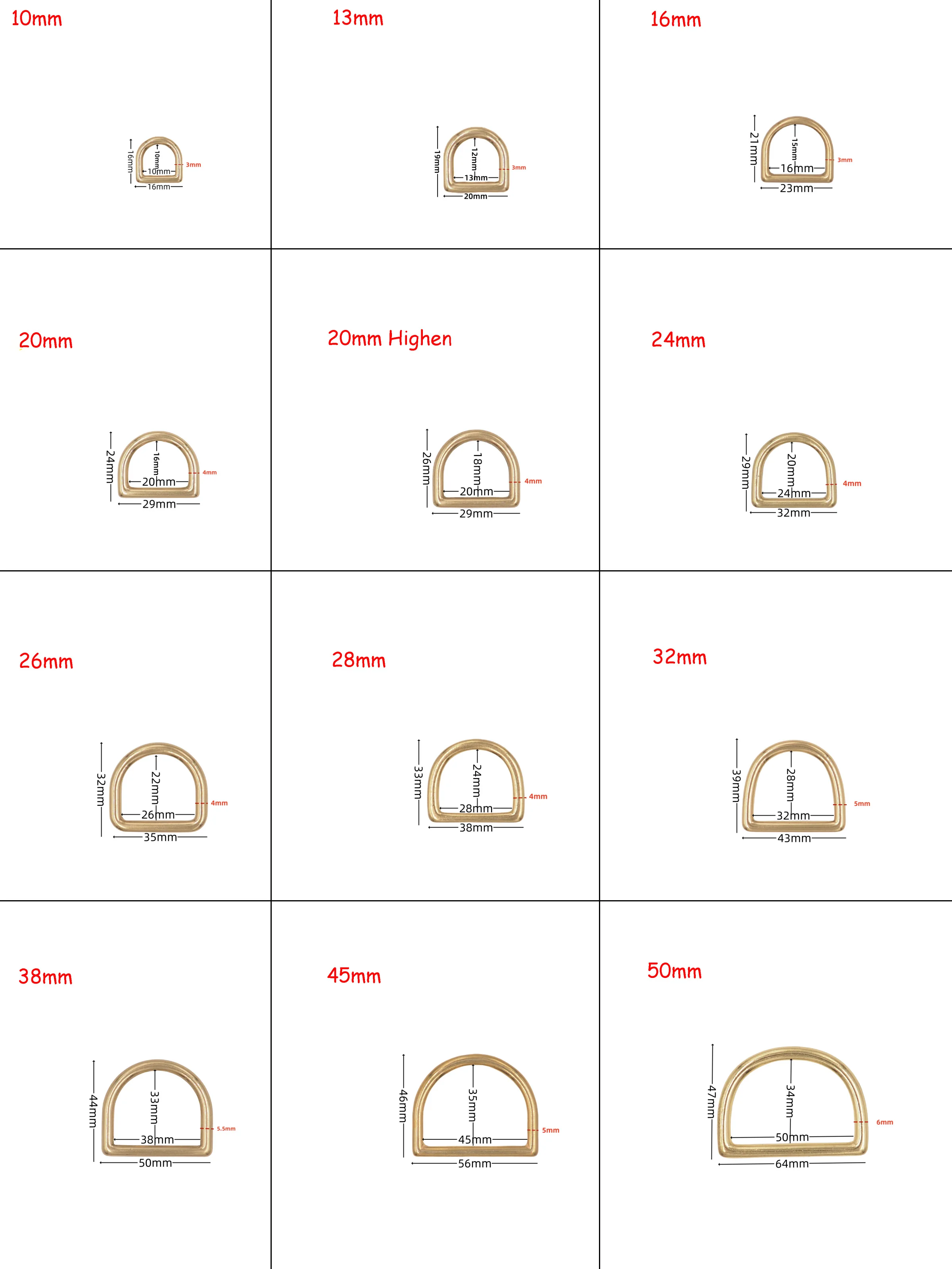 Solid D-Rings Brass Webbing Bags Leads Strap Metal D-Loop Rucksack Strap D-Shaped Ring 13mm-50mm Inner Width