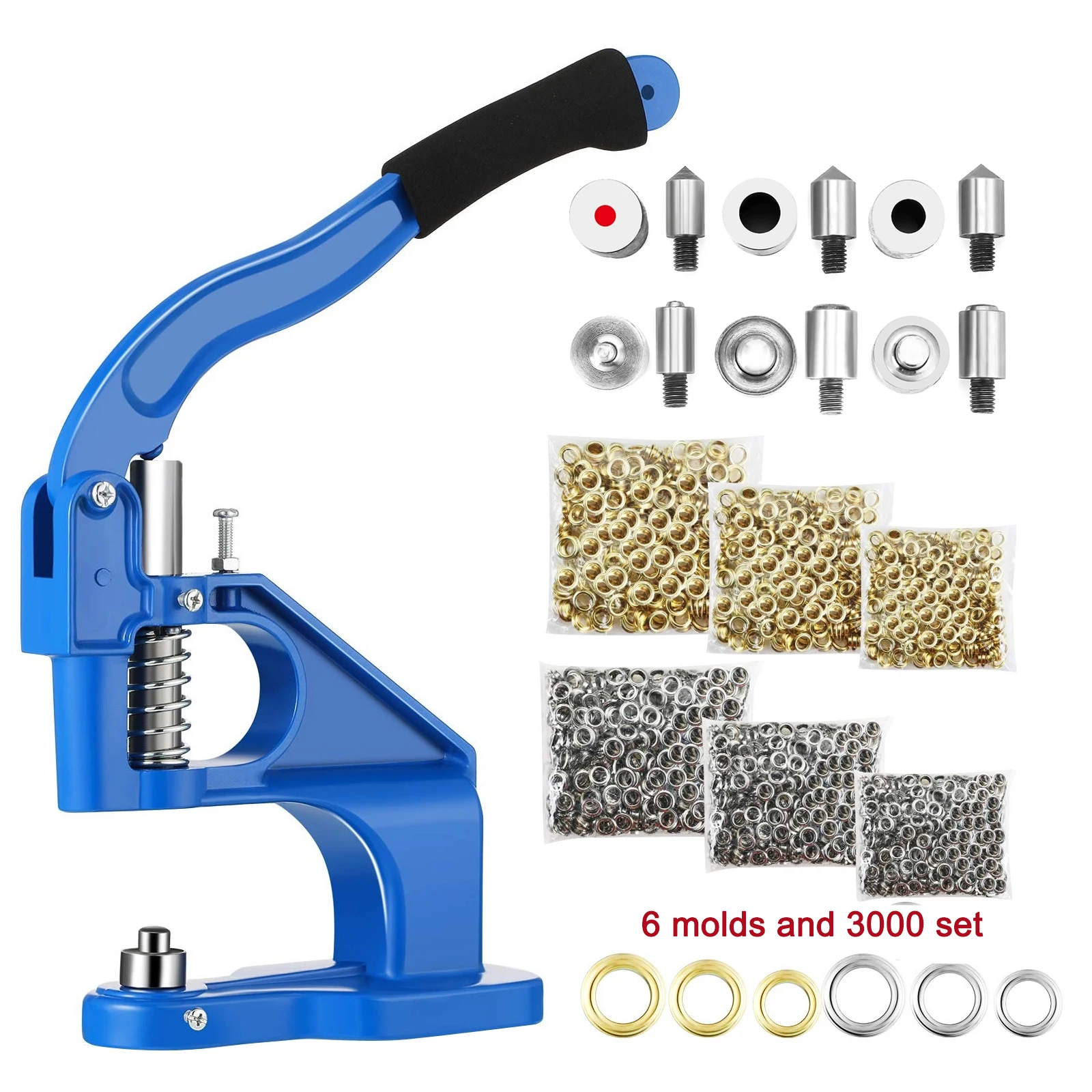 Manual Button Hole Machine Punch Press Button DIY Hand Press Button Sew Punching Machine 6 Molds 3000 Set Buttons Snap Eyelet