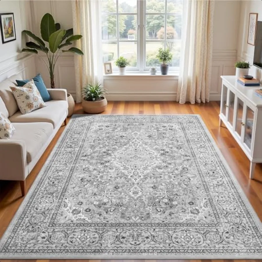 

4x6 Grey Washable Boho Area Rug for Bedroom Floral Non Slip Living Room Rugs Soft Low Pile Indoor Mat Aesthetic Pattern Carpet
