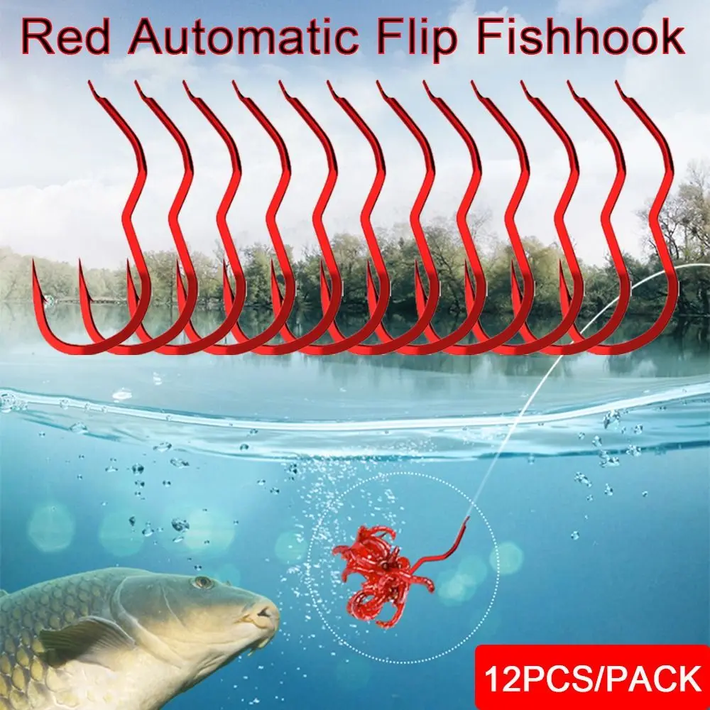 12Pcs/Pack Durable High Carbon Steel Red Fishing Hook Sharp Barbed Anti Slip Automatic Flip Fishhook Fishing Tackle Carp