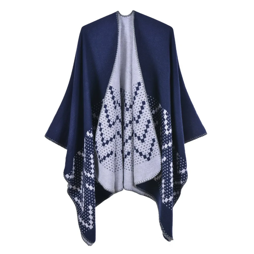 Imitation Cashmere Knitted Shawl Women Cross-border Autumn Winter Cloak Warm Scarf Poncho Lady Capes Navy Cloaks