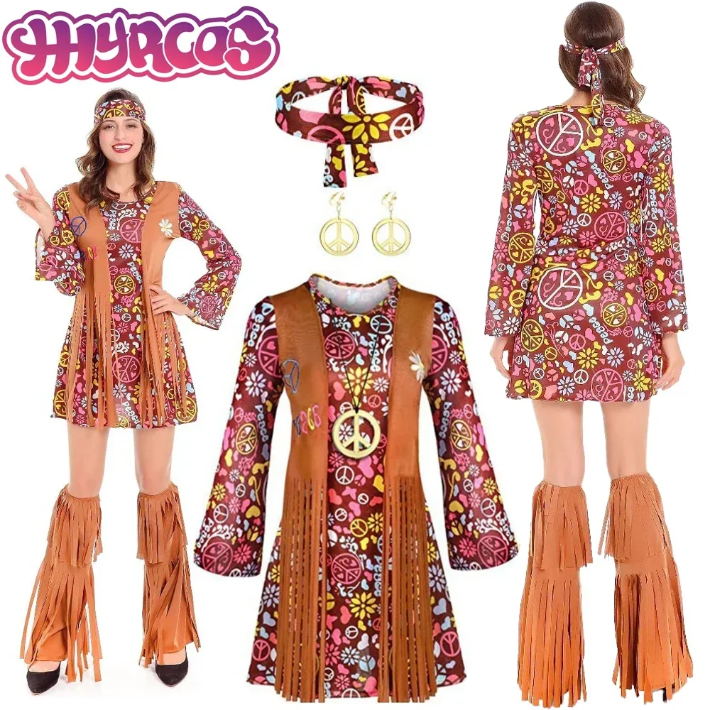 

Retro 70s 60s Hippie Costume Vintage 1970s Princess Outfits Party Costume Hippie Women's Halloween Tassel Shoes Cosplay Costume