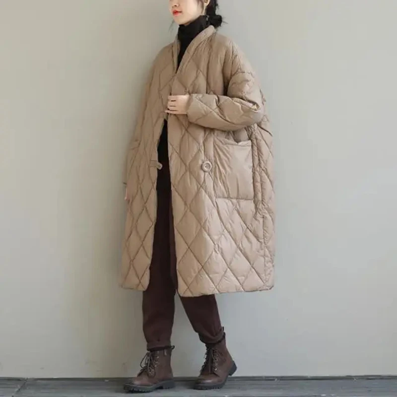 Zimowe lekkie damskie luźne, luźne, puchowa kurtka bawełniana, w kratę, stojące z kołnierzem, płaszcz z podszewką w stylu Vintage w stylu Midi