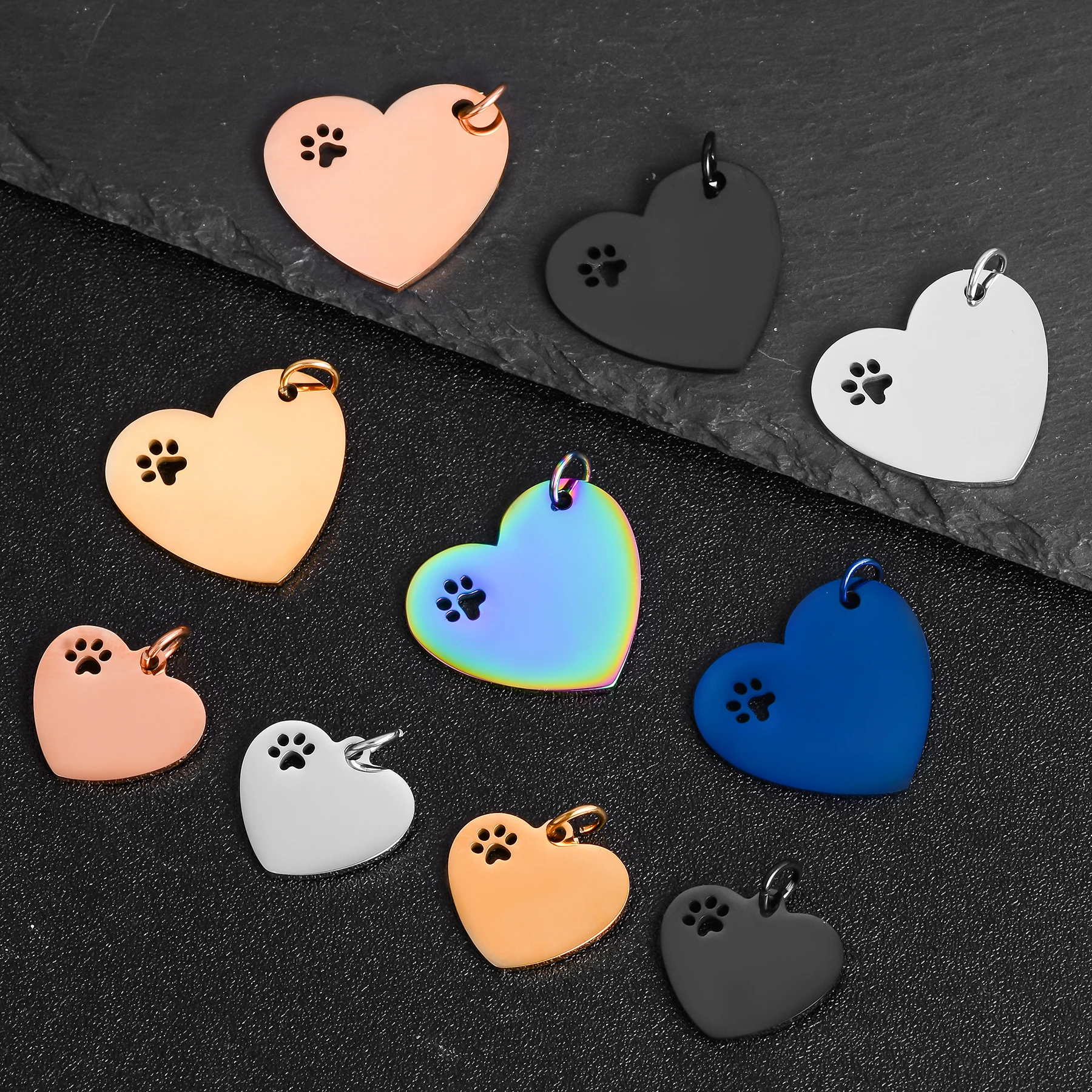 6Pcs/Lot Mirror Polished Hollow Paw Heart Tags Stainless Steel Pendants For Customize ID Charm Jewelry Making