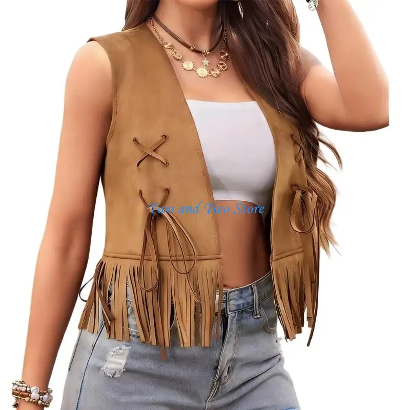 HX6F Open Front Tassels Fringe Sleeveless Vest Faux Suedes Cropped Cardigan Waistcoat for Women Western Cowgirl Top