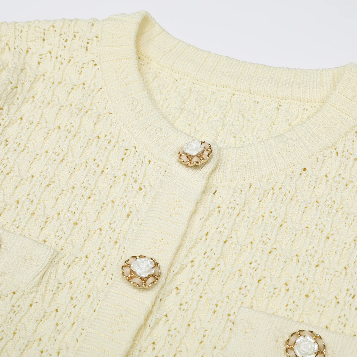 25297 高品質 春夏ファッション 伸縮性のあるニットの透かし彫り長袖カーディガン+メッシュスリムフィットスカート レディースセット