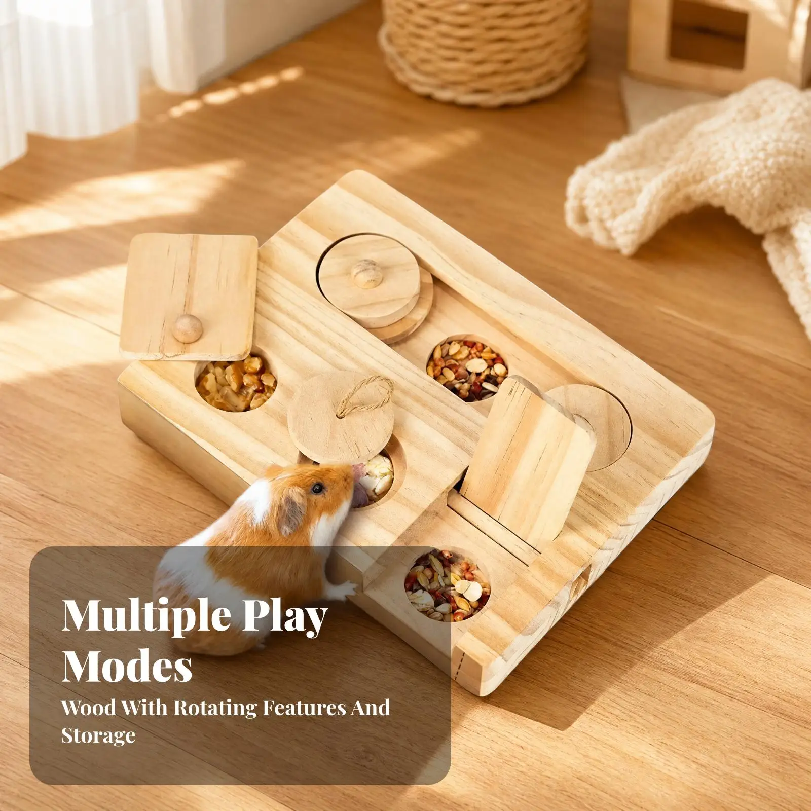 Small Pet Hamster Treat Puzzle Feeder Wooden Hide and Seek Tray for Cage Playtime Enrichment Toy