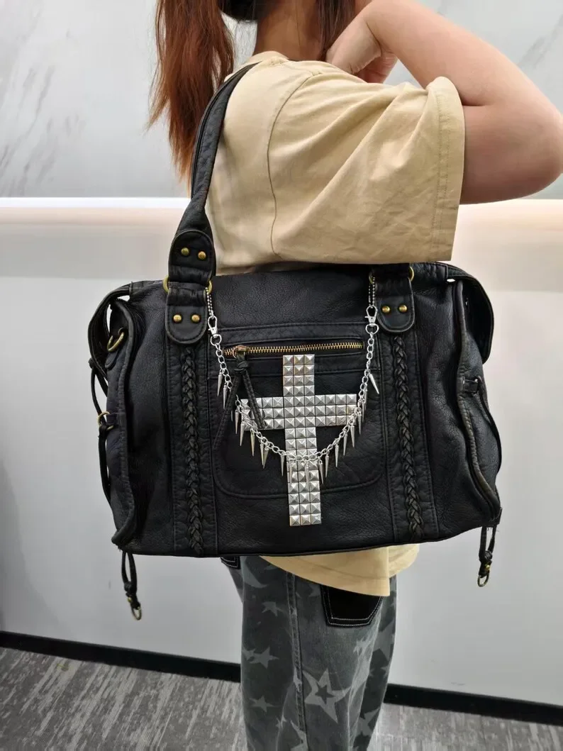 Spike Chain Black PU Leather Punk Braided Detail Large Shoulder Tote Bag Y2K Streetwear Gothic Pyramid Stud Cross Handbag