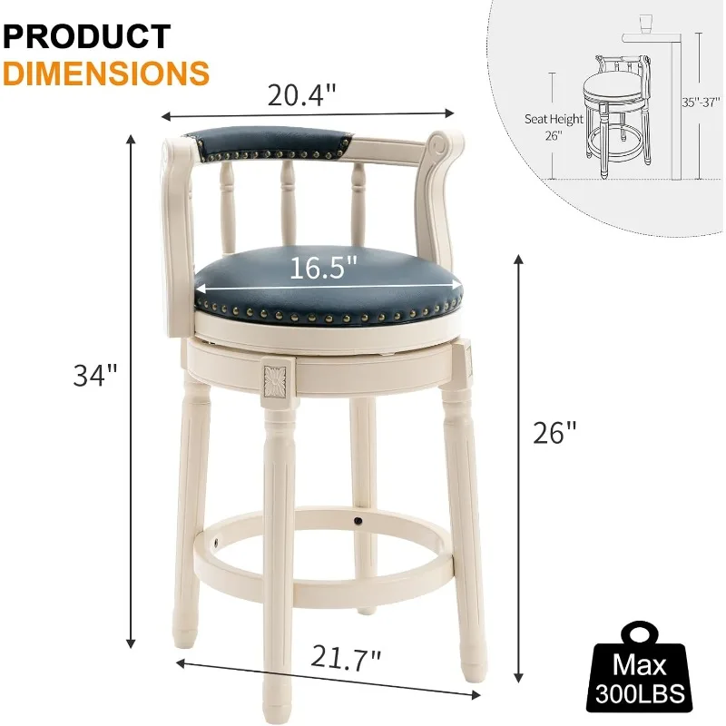 Bar Stools,Genuine Leather Counter Height Barstool Wooden Swivel Kitchen Stool with Footrest for Kitchen Dining Room(Ivory