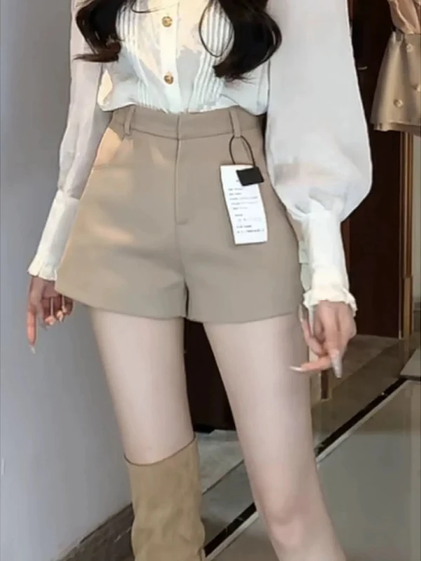 High Waist Khaki Wide Leg Suit Shorts Women's Casual Pants Loose Fitting A-Line Slimming High Waist Trousers Commute Style