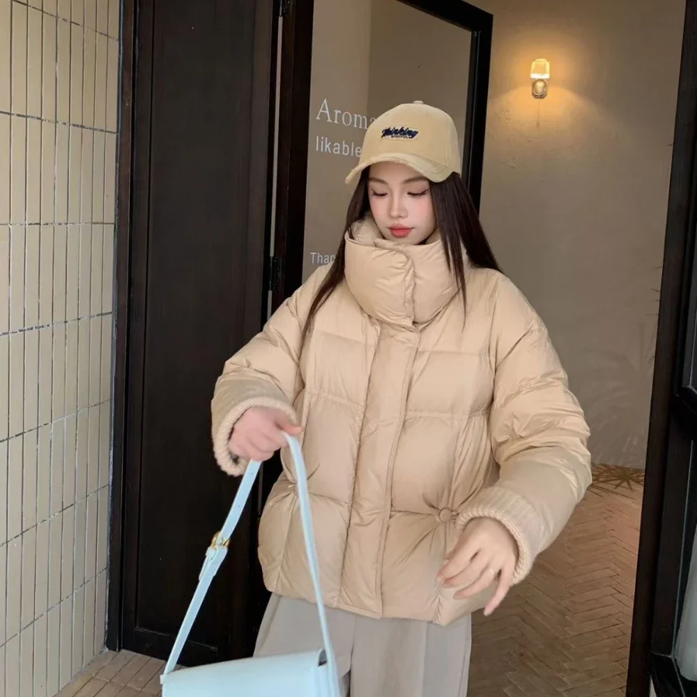 Chaquetas nuevas de invierno para mujer, Chaqueta corta de plumón con cuello levantado, chaqueta acolchada gruesa y cálida de plumón de pato blanco, abrigo de Color sólido