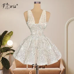 Ivory Short Cocktail Dress Crystal Lace 3D Appliques A Line Prom Dresses Sexy V Neck Mini Homecoming Graduation Party Gowns