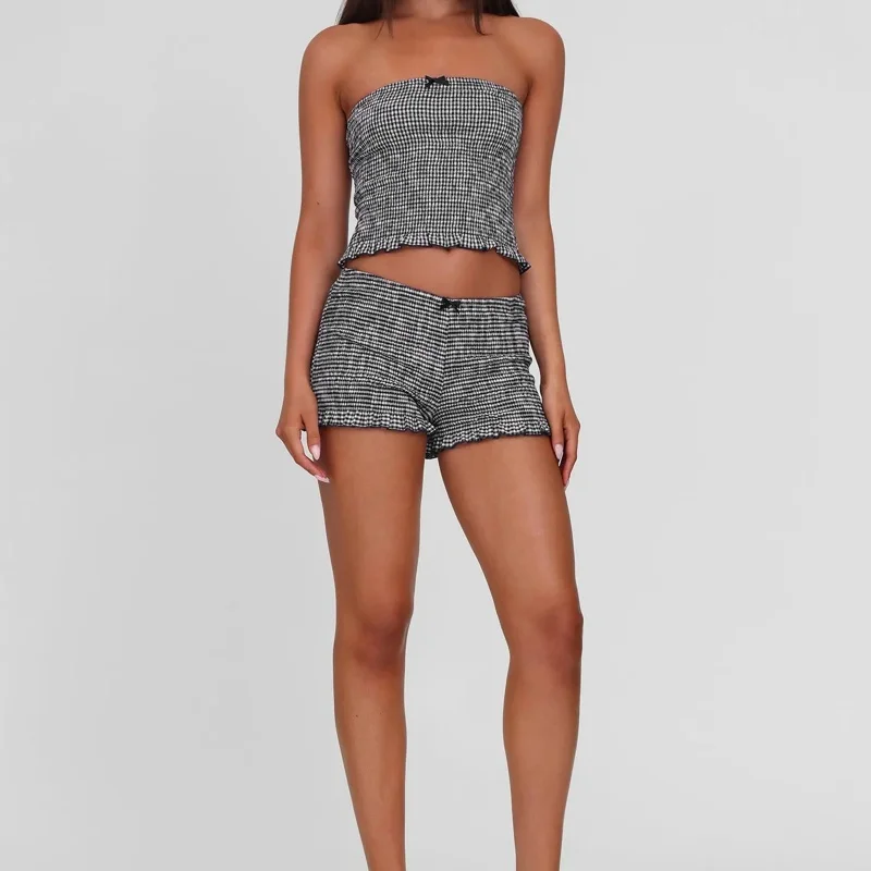 

Y2k Plaid Smocked Pajama Sets Women Strapless Sleeveless Crop Tube Tops and Shorts Slim Fit Soft Sleepwear
