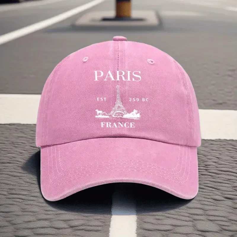 Custom Hat A Retro Baseball Cap Featuring A Print Of The Eiffel Tower In Paris, Designed With A Relaxed Curved Brim And Soft Top