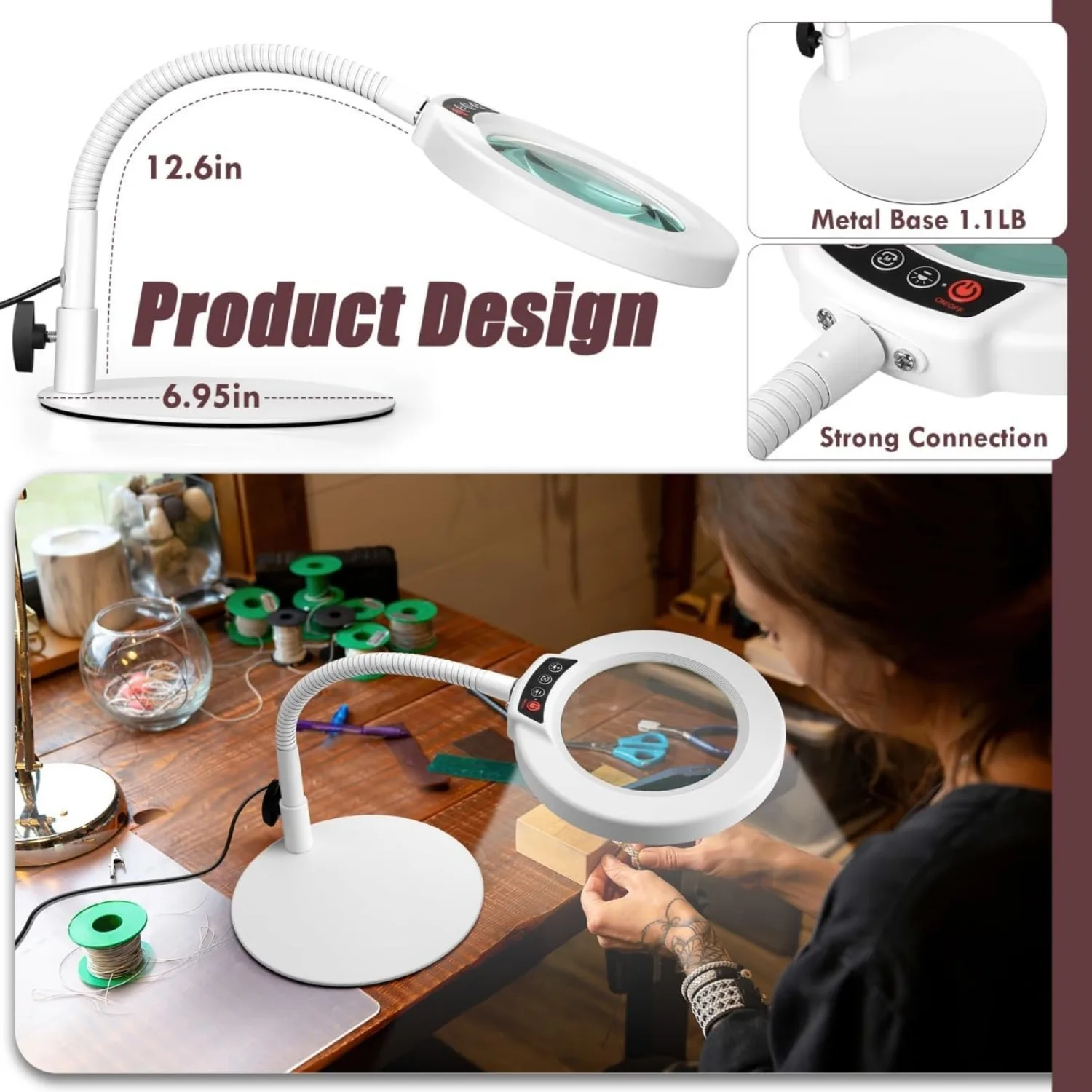 공예 취미 그림 닫기 작업을 위한 조명이 있는 핸즈프리 유연한 구즈넥 돋보기 - 흰색