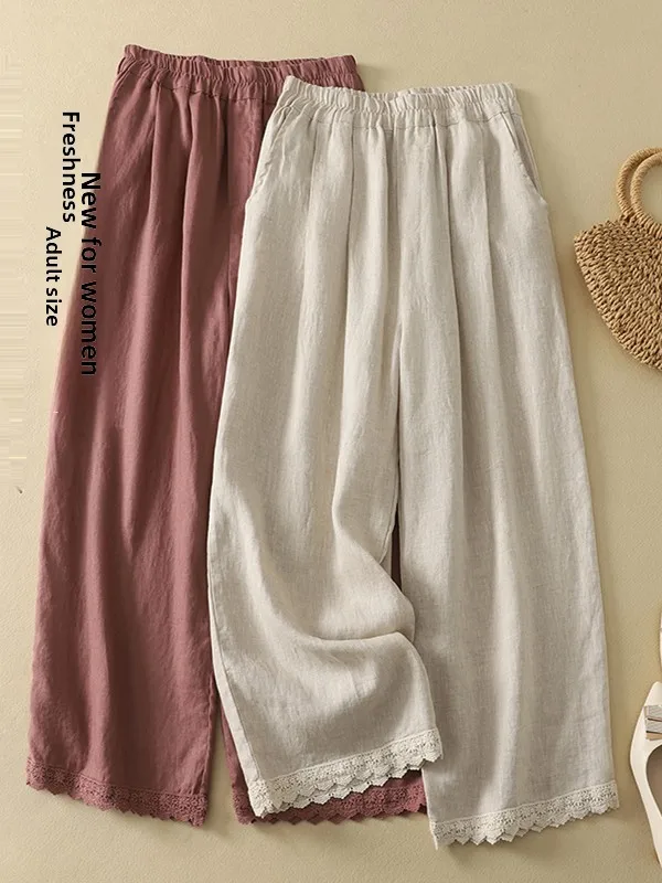 

Casual Wide Leg Pants Pure Color Linen Lace Trim Loose Fit Summer Long Trousers for plus Size Women Comfortable Versatile Pants