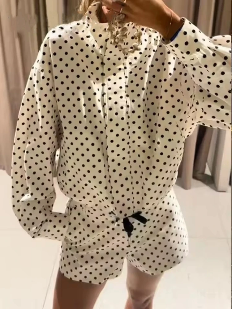الخريف البولكا نقطة مطبوعة سترة فضفاضة للنساء طويلة الأكمام الياقة المدورة سستة الرباط Vintage معاطف 2025 جديد إمرأة أبلى