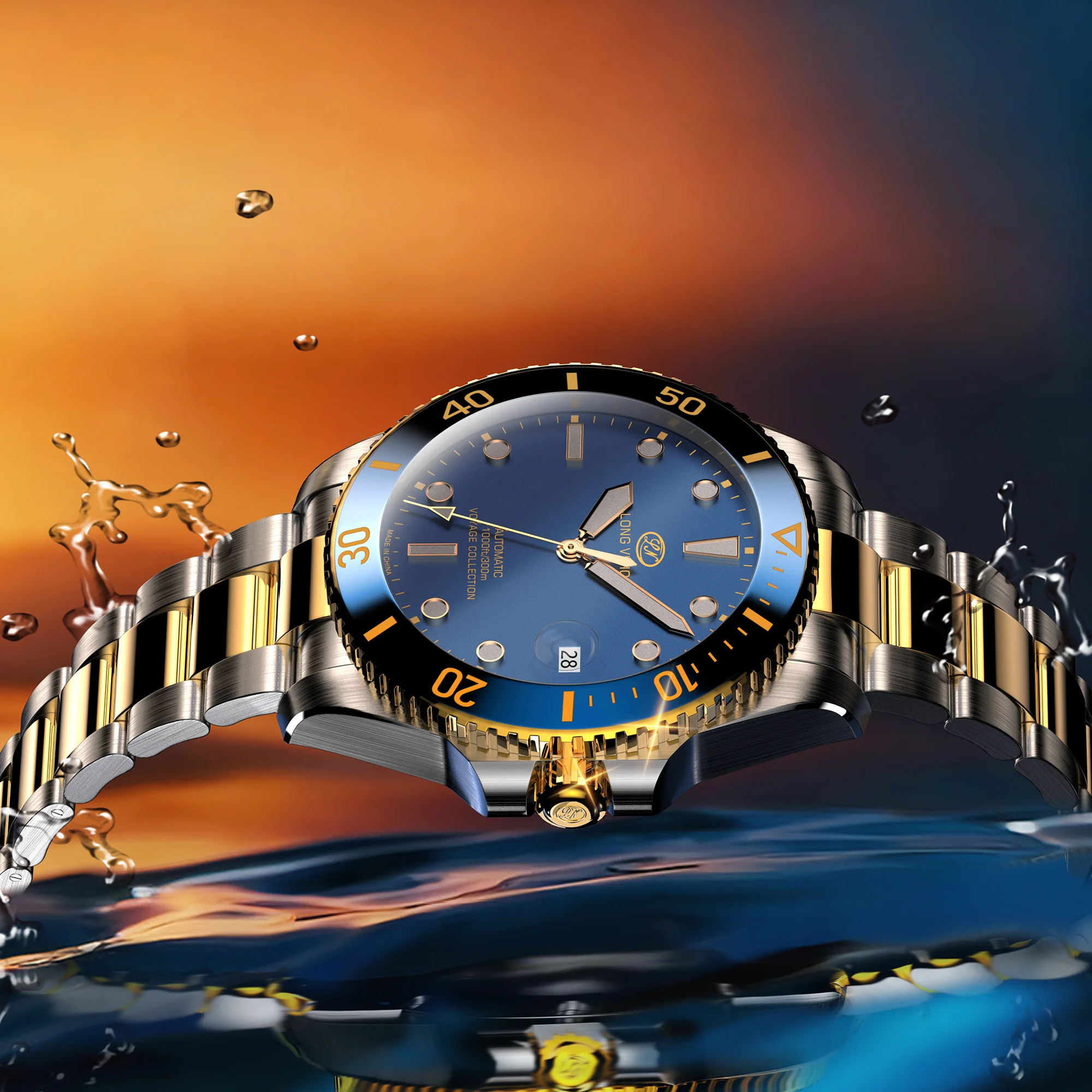 LONGVISION Automatic Watch, Two-Tone Bracelet, Ceramic Bezel, Sellita SW200 Movement, Super Luminous