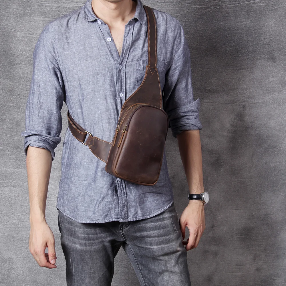 S.WORKER Brusttasche aus Vollnarbenleder für Herren, Umhängetasche aus echtem Leder für Herren, Vintage Retro Freizeittasche – Detail 6