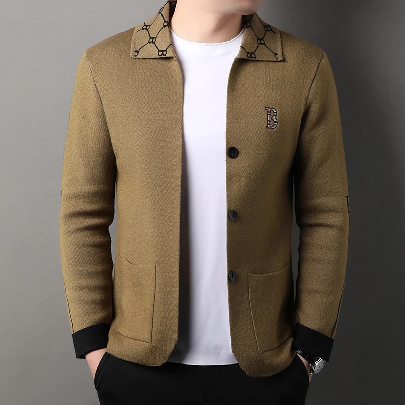 

Luxury brand men's knitted sweater cardigan fashion B-shape letter embroidery autumn new comfort pocket button casual lapel coat
