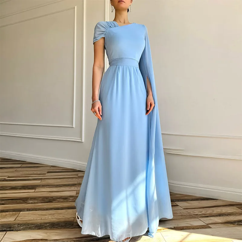 

Women's Dress Summer New Style French High-End Elegant Style Solid Color Slanted Collar Trumpet Sleeve Design Banquet Dress