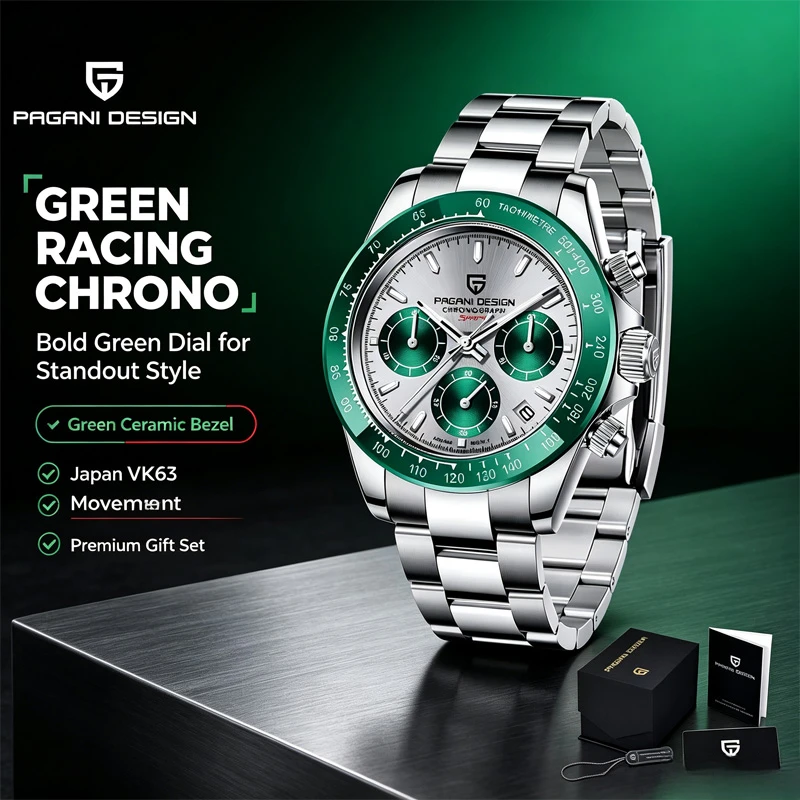 PAGANI DESIGN PD1644 Men's VK63 Quartz Chronograph Watch Sapphire Glass Stainless Steel 100M Waterproof Sport Wristwatch