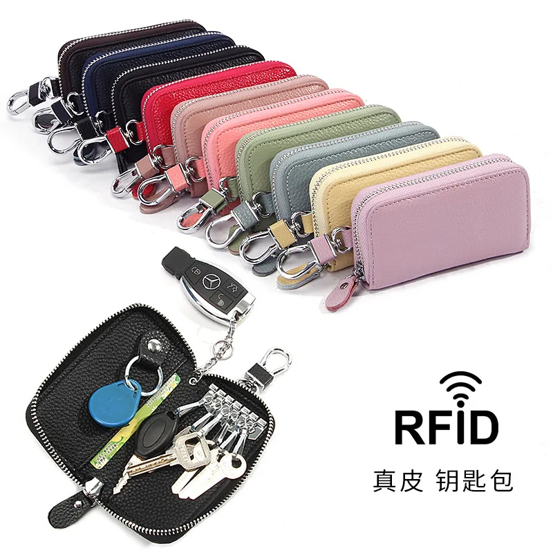 Minimalist กระเป๋าสตางค์พวงกุญแจหนัง RFID การปิดกั้นรถกระเป๋าเก็บบัตรกระเป๋าใส่กระเป๋าเอวแขวนซิปแม่บ้าน Key กระเป๋า