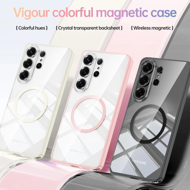 Magnetic Transparent Phone Case For Samsung Galaxy S26 Ultra S26 Colorful Edge Shockproof Back Cover