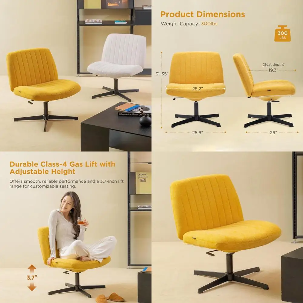 

Yellow High-Back Swivel Office Chair with Adjustable Height, Wide Seat, No Wheels for Home and Computer Desk Use