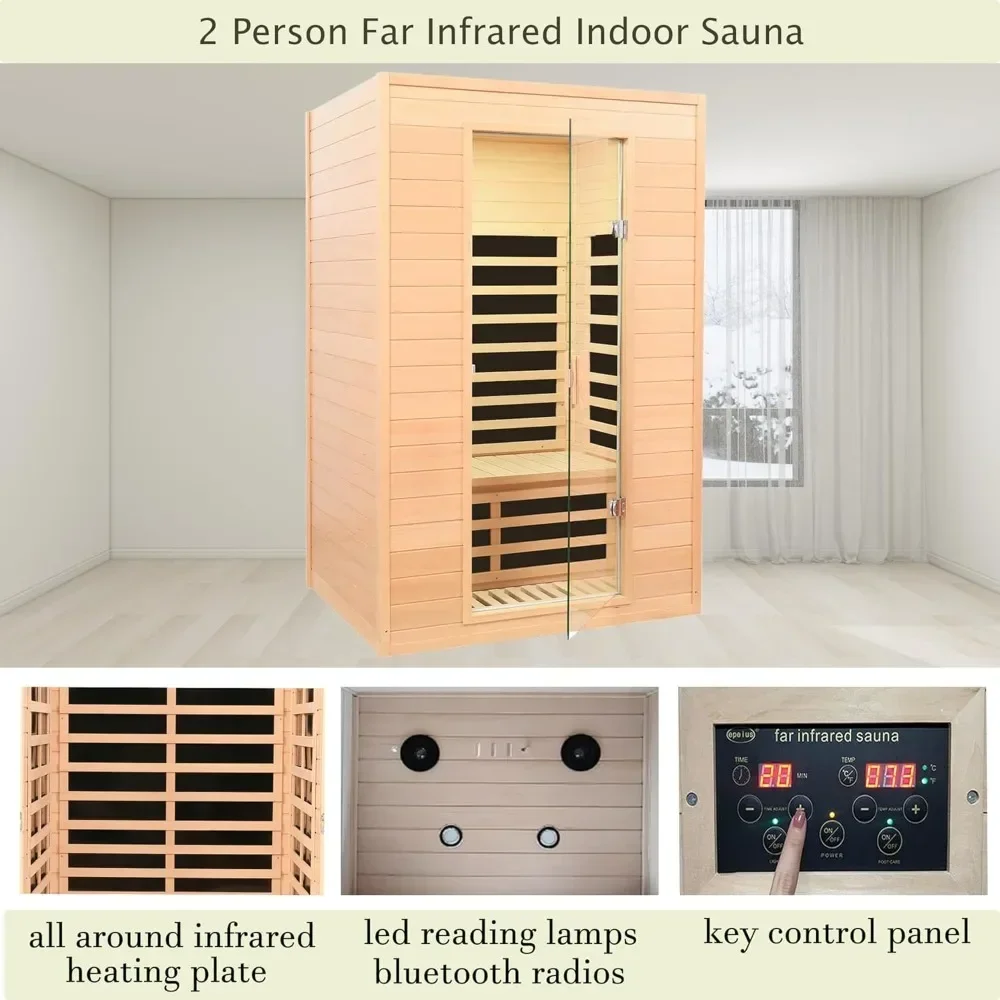 2 Person Infrared Sauna, Low EMF Infrared Saunas for Home 2 Person Indoor Home Sauna Canadian Hemlock Wooden Sauna Room with