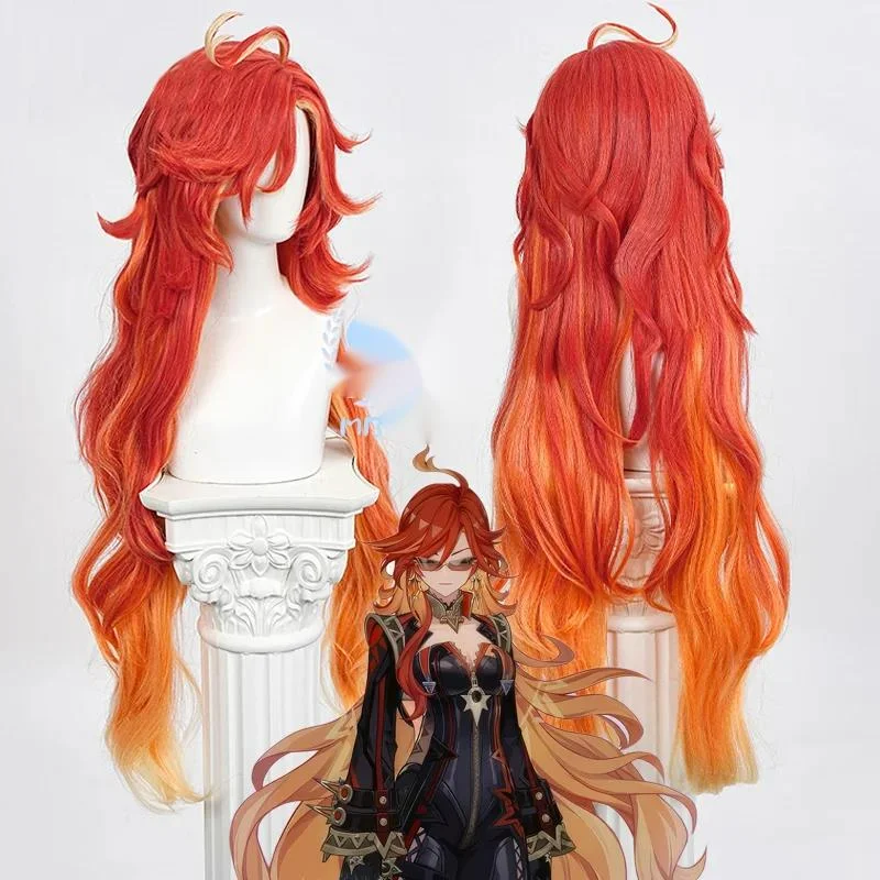 Game Genshin Impact Mavuika Cosplay Wig Red Gradient Color Curly Wig Hair Slices Heat-resistant Fiber Hair Halloween Party Props