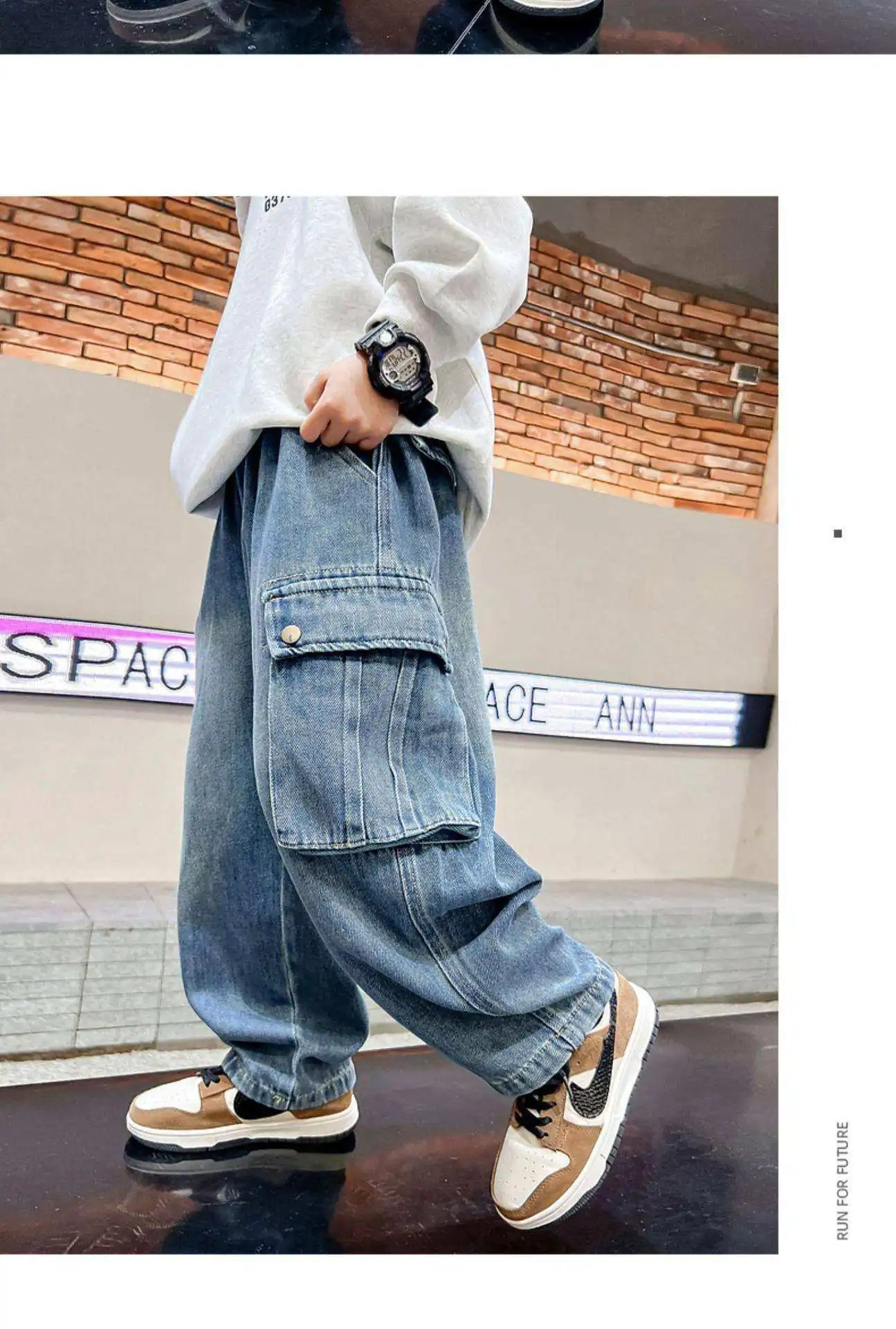 Herbstliche Freizeit-Cargo-Jeans für Jungen mit Taschen, lockerer Schnitt, Teenager-Denim-Hose, modische Kinderjeans, 5-14 Jahre – Detail 12
