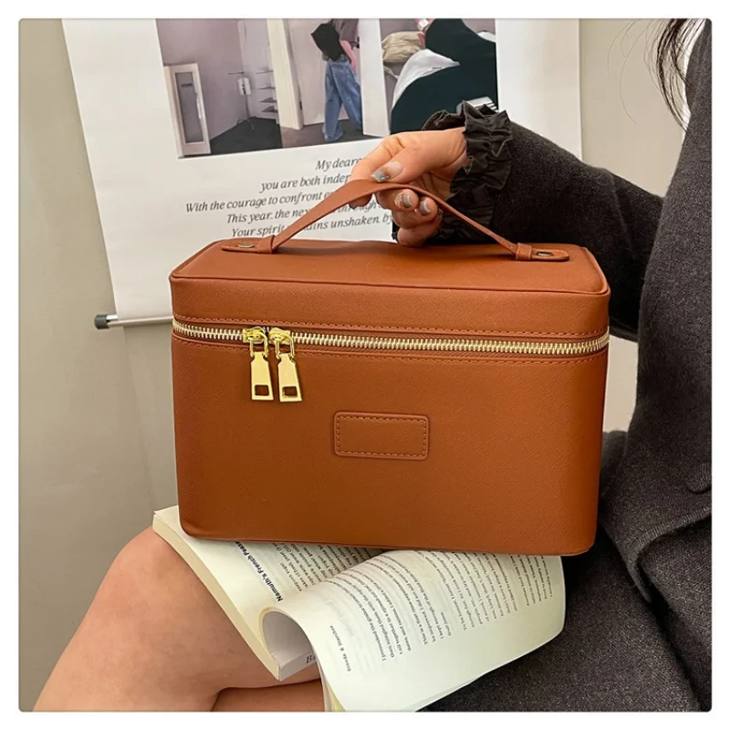 

PU Leather Makeup Bag Square Shape Waterproof Toiletry Bag Large Capacity Removable Divider Camera Storage Bag for Women & Men