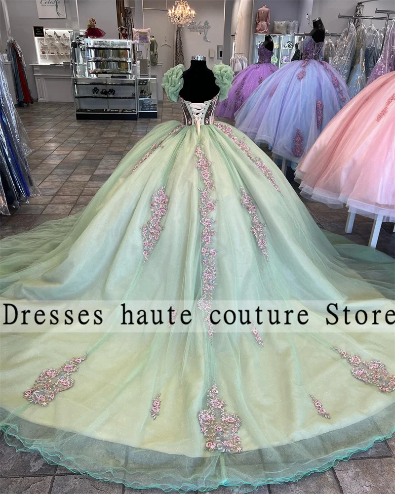 Green Tulle Crystal Quinceanera Dresses 2025 Puffy Ball Gown Lace Appliques Sweet 16 Dress Customized Vestidos De 15 Años